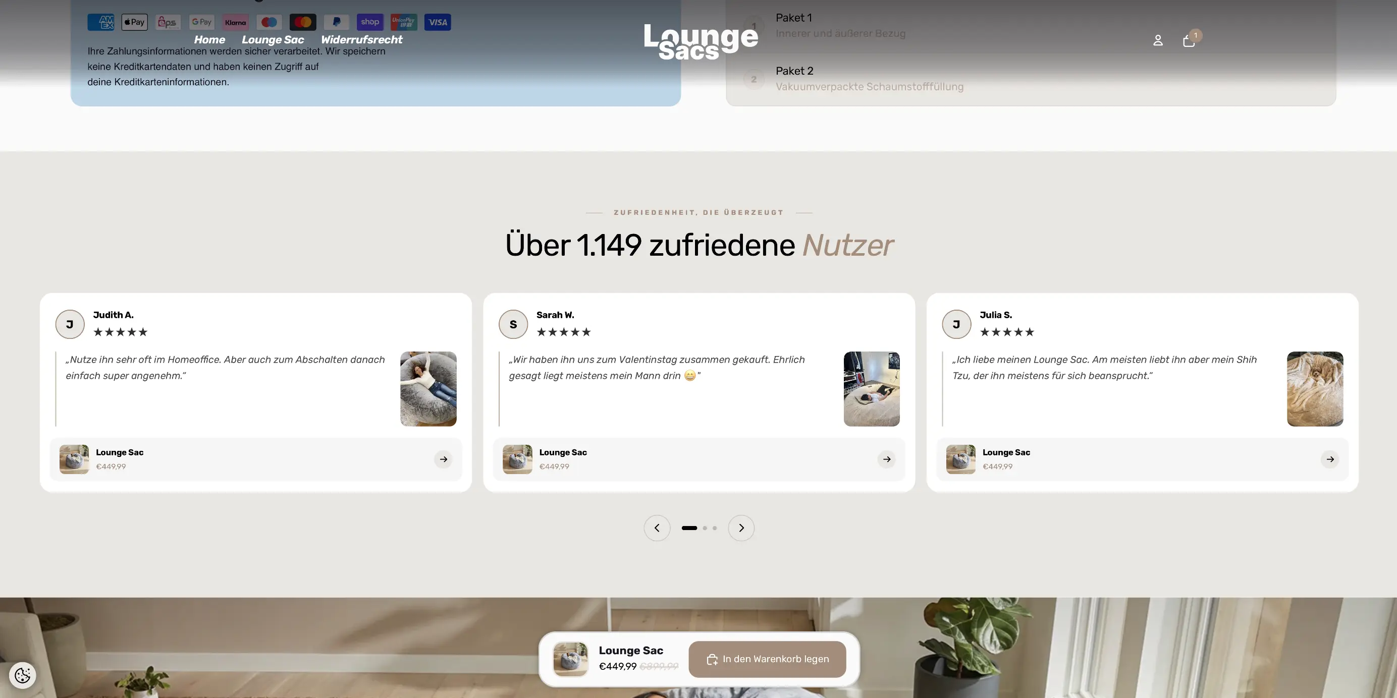 Lounge Sacs product page desktop – before redesign