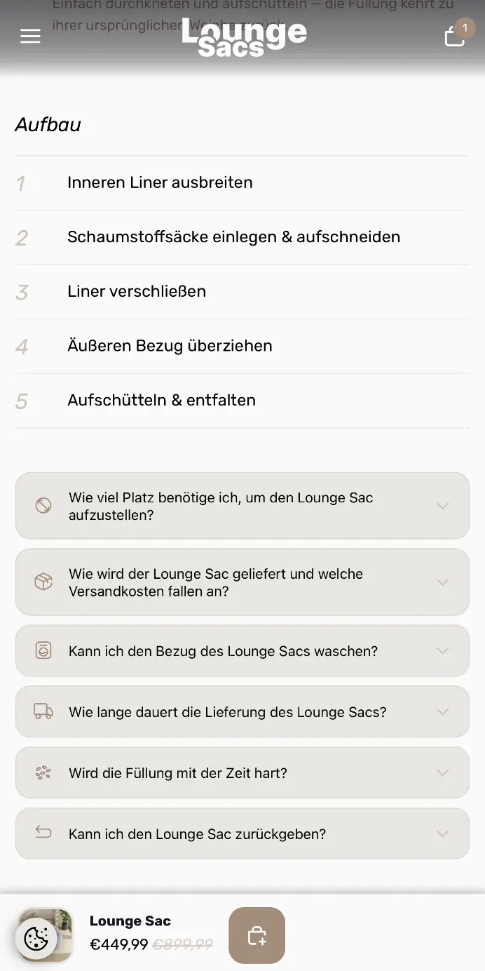 Lounge Sacs product page mobile – after redesign by Stellar Design