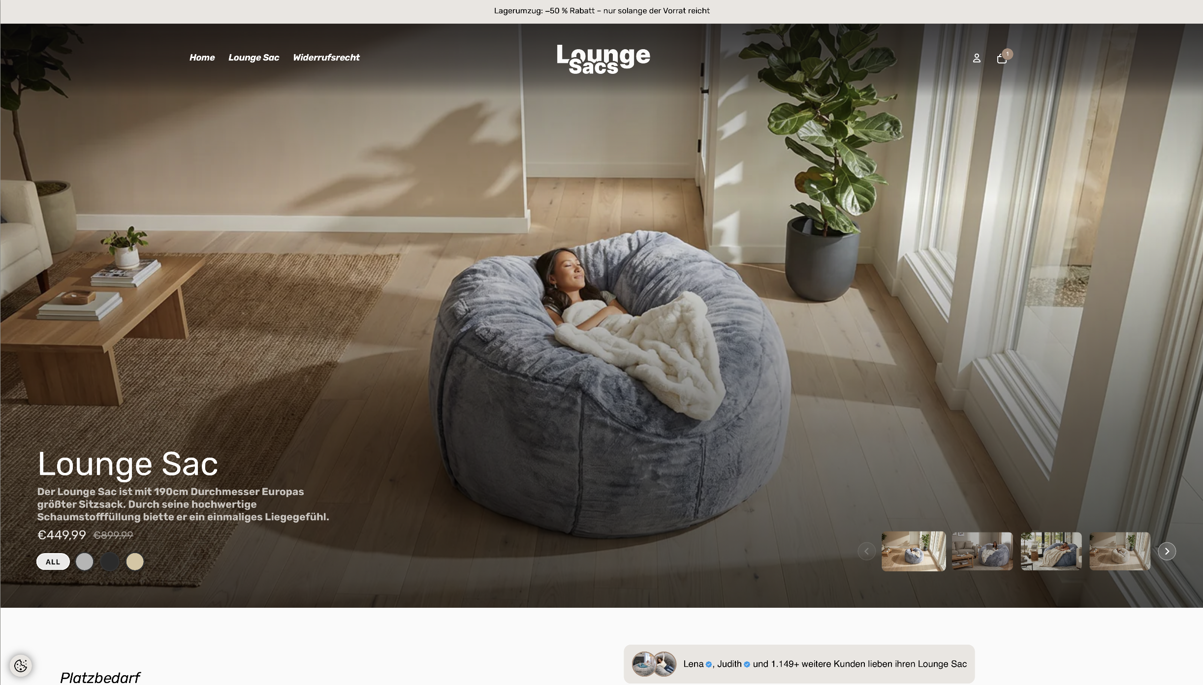 Lounge Sacs Desktop Store nach Redesign – Shopify Custom Theme mit +42,9 % Conversion-Steigerung