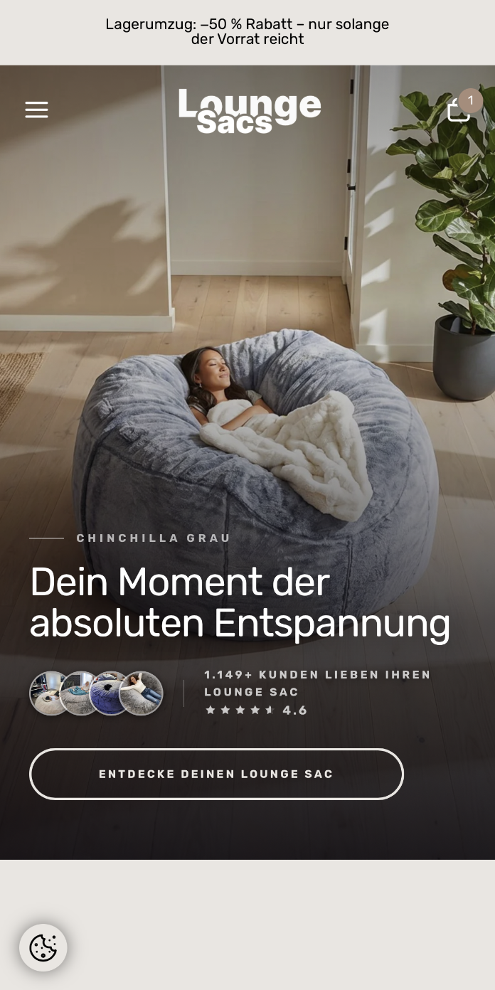 Lounge Sacs Mobile Store nach Redesign – Conversion-optimiertes Shopify Theme für Sitzsäcke